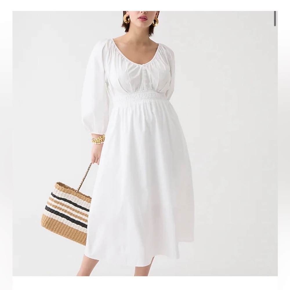 J. Crew White Smocked-Waist Midi Dress